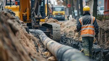 Alongside a large excavator the site manager inspects the placement of underground pipes and utilities photo