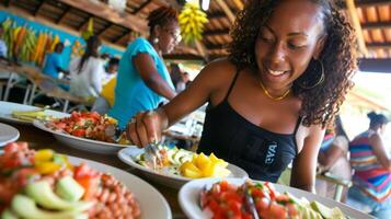 un estudiante ansiosamente muestreo un sful de un vistoso ceviche hecho con en la zona de origen pescado y tropical Fruta foto