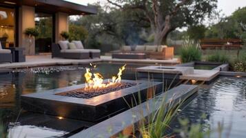 A contemporary outdoor lounge area featuring a fire table in the middle of a shallow pool creating a unique and eyecatching focal point. 2d flat cartoon photo