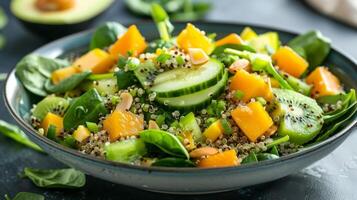 obtener tu verduras con esta refrescante tropical quinua ensalada lleno con Cortado bebé Espinacas cortado en cubitos Pepino y un popurrí de tropical frutas me gusta kiwi y papaya foto