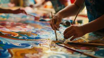 A group of painters work together to recreate the intricate patterns and colors of a historical ceiling mural one brushstroke at a time photo