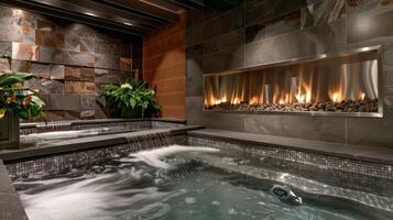 The sleek and contemporary fireplace design adds an element of sophistication to the relaxation area of the spa. 2d flat cartoon photo