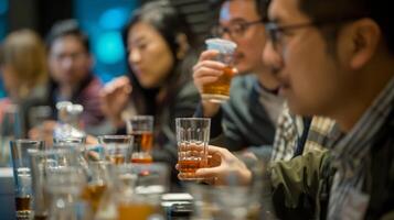 un grupo de taller asistentes atractivo en un grupo actividad dónde ellos tener a adivinar el alcohol contenido en varios bebidas foto