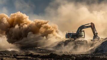 Clouds of dust billow up into the air as the excavator digs deeper revealing the layers of soil beneath photo