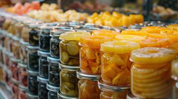 A display of various types of preserved tropical fruits including pickled mangoes dried papaya and canned pineapple rings photo