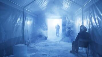 A team of scientists working in the Arctic take a break from their research to unwind and warm up in a sauna tent their breaths visible in the belowfreezing temperatures. photo