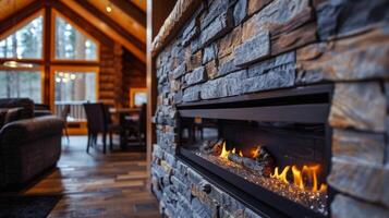 Nestled within a stone feature wall the linear gas fireplace adds rustic charm and warmth to the cozy cabin interior. 2d flat cartoon photo