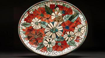 A ceramic plate adorned with a stunning mosaic design crafted using the inlay technique where different clay colors were used. photo