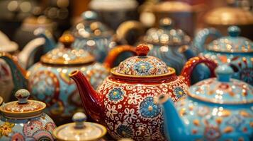 A collection of intricately designed ceramic teapots featuring traditional patterns and motifs from different cultures around the world. photo