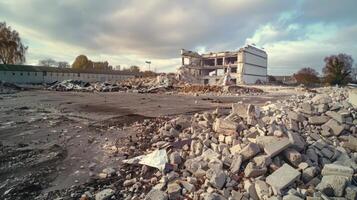 In a wide shot the building is now reduced to piles of rubble with only a small section remaining photo