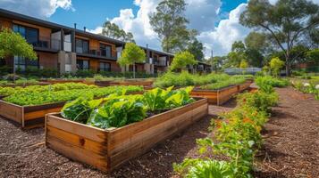 A serene retirement retreat with a community garden filled with raised beds providing a sense of purpose and connection for seniors as they cultivate their own little slic photo
