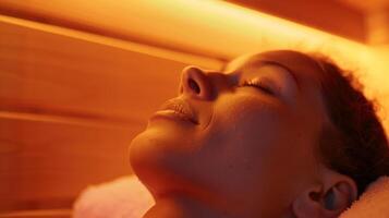 un persona tendido abajo en un sauna banco con su ojos cerrado en pacífico relajación experimentando el aliviar el estrés efectos de infrarrojo sauna utilizar en el corazón. foto
