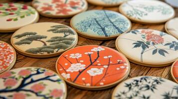 A set of coasters with different nerikomi patterns perfect for adding a touch of elegance to any table setting. photo