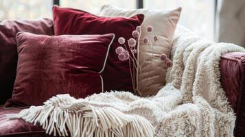 Soft blankets in shades of burgundy and cream are dd over the plush oversized sofa inviting you to snuggle in for the evening. 2d flat cartoon photo