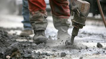 en un de cerca Disparo un trabajador lata ser visto utilizando un martillo neumático a descanso aparte un testarudo pedazo de hormigón foto