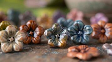 A finished product a ceramic button in the shape of a flower perfect for embellishing a homemade top or blouse. photo