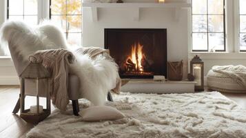 A fluffy white rug covers the floor in front of the fireplace creating a cozy nook to curl up in. 2d flat cartoon photo