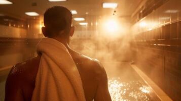 A person emerging from the sauna their skin glistening with sweat and a towel dd over their shoulder. photo