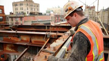 An engineer inspects the structural support of a historical building ensuring it will withstand the weight of a restored rooftop terrace photo