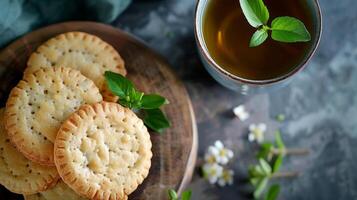 un crujiente y escamoso palmera Galleta infundido con un sutil insinuación de guayaba y servido con un fragante jazmín verde té foto