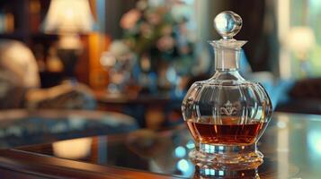 A luxurious decanter of aged whiskey waiting to be poured and sad by guests at the sophisticated home bar photo