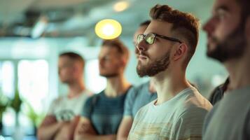 un grupo de hombres en pie en un brillantemente iluminado habitación atentamente escuchando a un presentación acerca de masculino protección de la piel foto