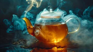 Wisps of aromatic steam swirl around a teapot as the brew steep to perfection promising a flavorful and soothing cup of herbal tea photo