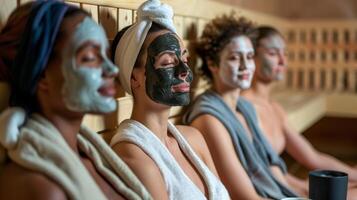 Several people sitting in a sauna each with a different type of clay mask on their face all taking turns explaining the benefits of their chosen mask. photo