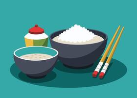 asiático cocina esenciales - arroz, miso sopa, y palillos vector