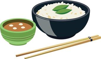 asiático cocina esenciales - arroz, miso sopa, y palillos vector