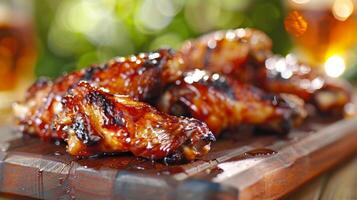 Sweet and sticky barbecued chicken wings coated in a y sauce are a fingerlicking delicacy that cant be missed photo