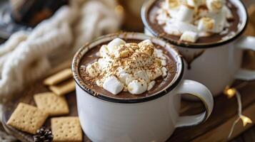 Cozy up by the fire and enjoy this decadent smores hot chocolate. Made with velvety rich cocoa gooey melted marshmallows and topped with a generous helping of whipped crea photo