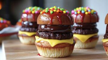 Who says burgers are just for grilling These adorable cupcake burgers are the perfect winter alternative. Served by the fireplace the chocolate patty and colorful condimen photo