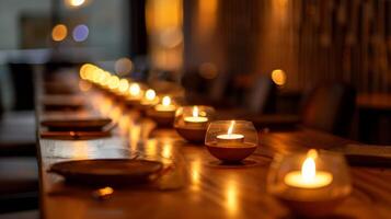 el pulcro y pulido de madera mesa es hermosamente adornado con un sendero de delicado té ligero velas agregando un toque de glamour a el noche. 2d plano dibujos animados foto