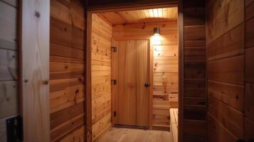 un tutorial exhibiendo el paso a paso proceso de edificio un compacto sauna en un de repuesto habitación o convertido armario Perfecto para menor casas o apartamentos foto