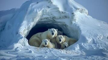 A family of polar bears huddle together outside an iceberg sauna seeking warmth and comfort in the harsh Arctic climate. photo