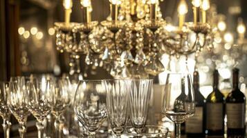 A vintage chandelier bathes the room in a romantic light reflecting off the gleaming wine glasses and bottles on display. 2d flat cartoon photo