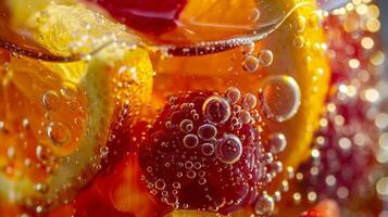 A closeup of a glass of sangria showing off the citrus fruits and floating bubbles photo