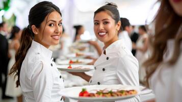 un grupo de servidores vestido en prístino todo blanco uniformes zumbido alrededor el evento espacio que lleva platos de delicioso picaduras para invitados a muestra foto