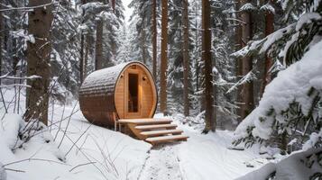 A serene outdoor sauna nestled in the middle of a snowy forest offers a peaceful escape for mental rejuvenation. photo