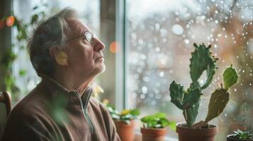 A man stands in front of a windowsill garden his face lighting up as he sees new growth on his favorite cactus photo