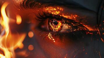 el llamas reflejar en el ojos de el poetas mejorando su emocional entrega. 2d plano dibujos animados foto