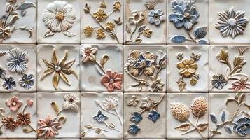 un serie de hecho a mano cerámico losas presentando intrincado floral diseños mejorado con delicado y detallado bordado. foto