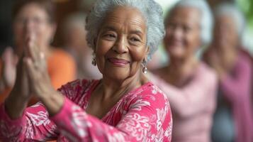 A diverse group of seniors dressed in comfortable exercise clothes learning a choreographed dance routine in a community center dance class photo