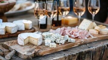 A variety of nonalcoholic wine options are displayed on a rustic wooden table next to an assortment of soft and hard cheeses enticing guests to try different pairings photo