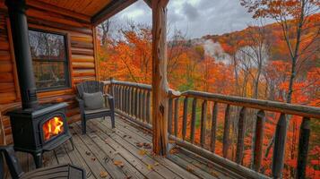 The breathtaking view from the cabins balcony showcasing a woodburning stove and the surrounding forest ablaze with autumn colors. 2d flat cartoon photo