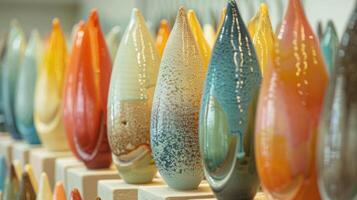 A series of ceramic sculptures each featuring a different type of sodafired glaze from muted earth tones to vibrant rainbow patterns. photo