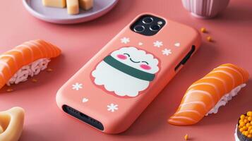 blanco Bosquejo de un peculiar Sushi teléfono caso con un juguetón dibujos animados ilustración. foto