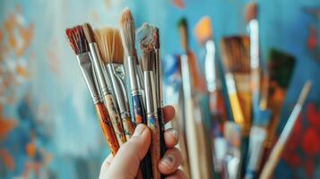 A closeup shot of a persons hand holding various paintbrushes trying to decide which one will be best for their DIY painting project photo