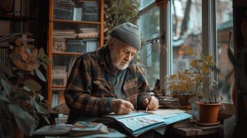 en un tranquilo esquina de su hogar un mayor hombre es elaboración hecho a mano artículos a vender en su pasivo ingresos plataforma foto